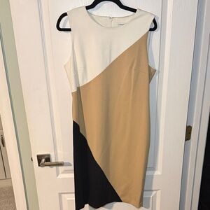 Calvin Klein Asymmetrical Dress in Cream, Tan, and Black